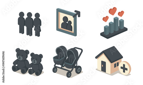 Family growth icons set – parents, children, chart, frame, house, stroller, teddy bears