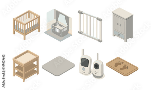 Isometric nursery setup icons – crib, monitor, changing table, cabinet, mat, gate, curtain