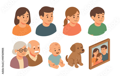 Isometric family icons set – parents, children, baby, grandparents, dog, family photo