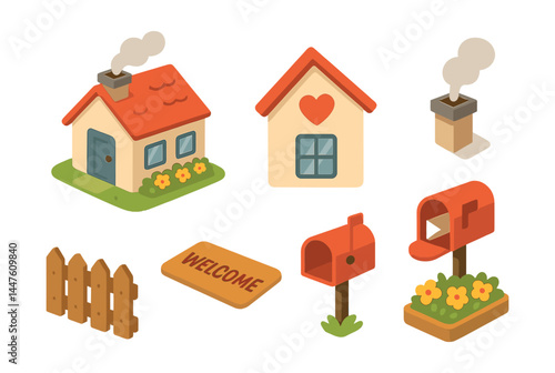 Charming isometric family home icons set — cozy elements and home essentials