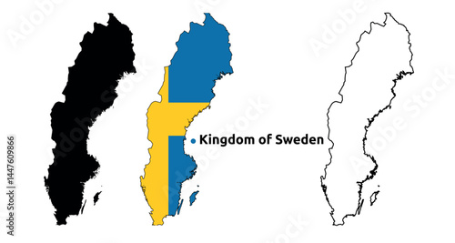 Sweden Map Vector - Country Outline, Flag Inside Map, Blank and Silhouette Version