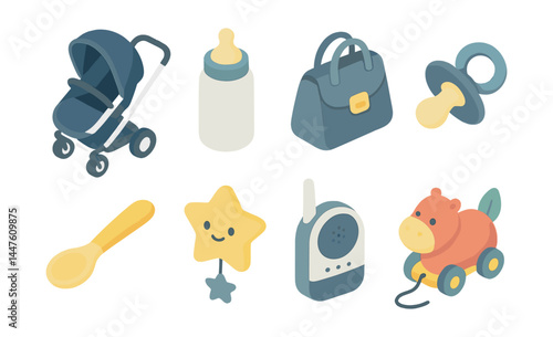 Parenting essentials icons set – stroller, bottle, diaper bag, pacifier, spoon, star, baby monitor, toy