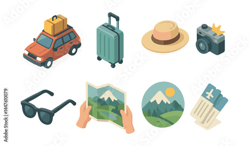 Travel essentials icons set – car, suitcase, hat, camera, sunglasses, map, landscape, ticket