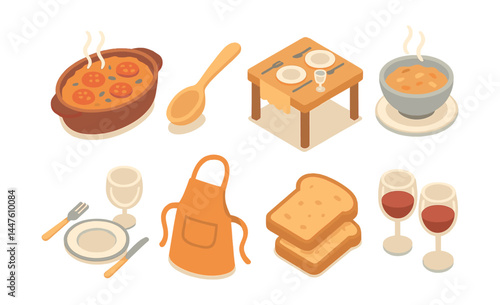 Cozy homecooked meals icons set – casserole, spoon, table, soup, plate, apron, toast, wine