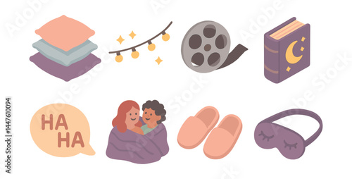 Sleepover essentials icons set – pillows, fairy lights, film reel, book, laughter, friends, slippers, sleep mask