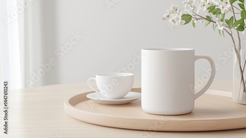 Wallpaper Mural Minimalist Coffee Break: Mugs on Wood Tray with Floral Decor coffee mug tea cup mockup white blossom Torontodigital.ca
