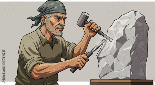 Sculptor at Work: Stone Carving Vector Art