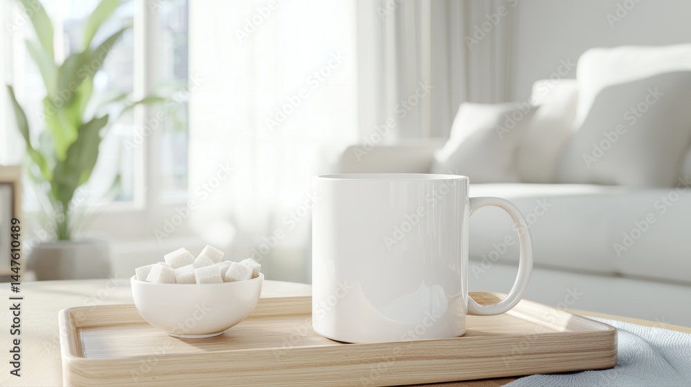 Obraz premium Cozy Morning: White Mug with Sugar Cubes on Tray mug coffee cup white sugar cubes bowl tray light