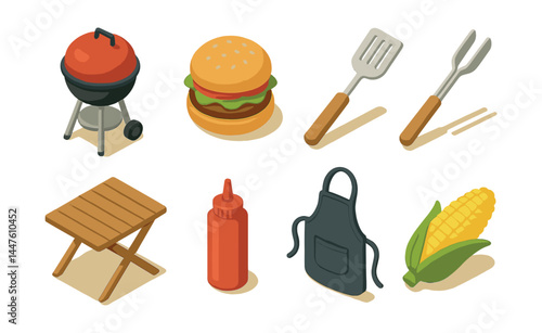 Backyard barbecue essentials icon set – grill, burger, spatula, fork, table, ketchup, apron, corn