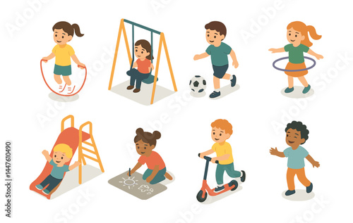 Playful childhood activities icons set – jump rope, swing, soccer, hula hoop, slide, chalk drawing, scooter