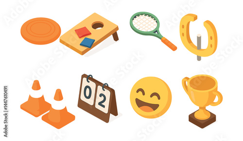 Isometric yard game icons set – frisbee, cornhole, tennis, horseshoe, cone, calendar, emoji, trophy