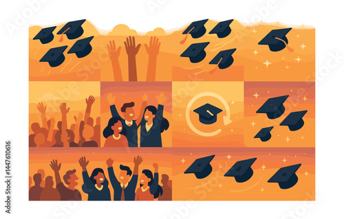 Graduation celebration icons set – caps, hands, crowd, joy, achievement