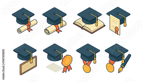 Graduation celebration icons set – cap, diploma, medal, certificate, book, award, pen