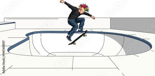 Skateboarder in Empty Pool: Vector Art