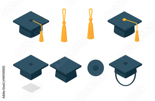Isometric graduation cap icons set – cap, tassel, square, academic, education, ceremony