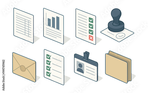 Graduation document icons set – checklist, id badge, envelope, stamp, folder, graph, approval