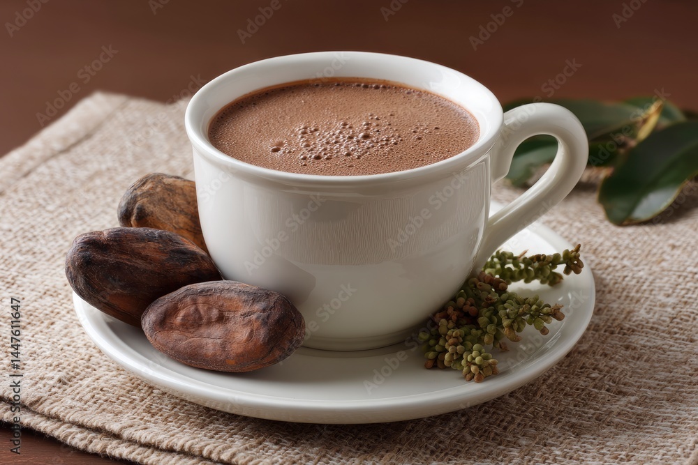 Fototapeta premium Cup of Hot Chocolate with Cacao Beans