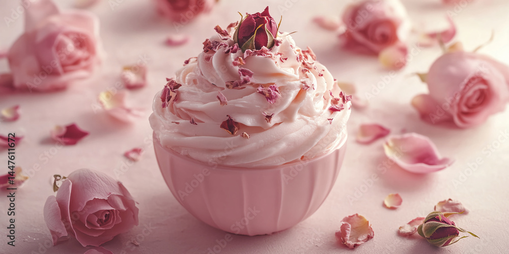 Pink cream in bowl, topped with rose petals and bud. Rose petals scattered around, creating a romantic, delicate scene, ideal for Valentine's Day Pink cream in bowl, topped with rose petals and bud. Rose petals scattered around, creating a romantic, delicate scene, ideal for Valentine's Day