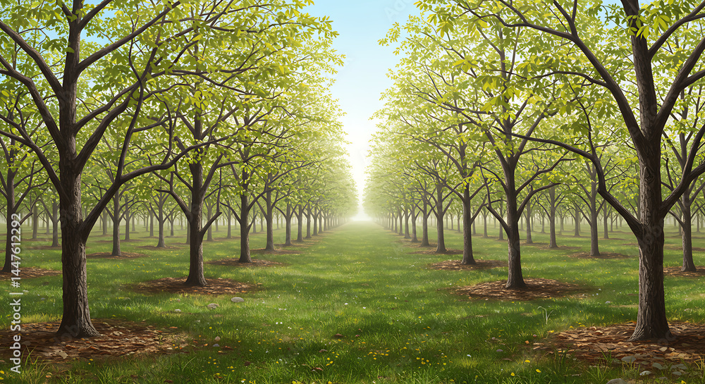 Fototapeta premium Scenic Tree Orchard Landscape: Beautiful Green Field and Serene Sunlight Through Trees