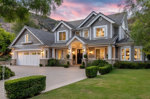 A beautiful home in the Inland Valley area of California, with a three-car garage and a large lawn, with a view of the San Andreas Mountains