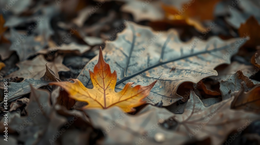 Obraz premium Contrasting golden leaf amidst a bed of muted fallen foliage evokes autumnal tranquility.