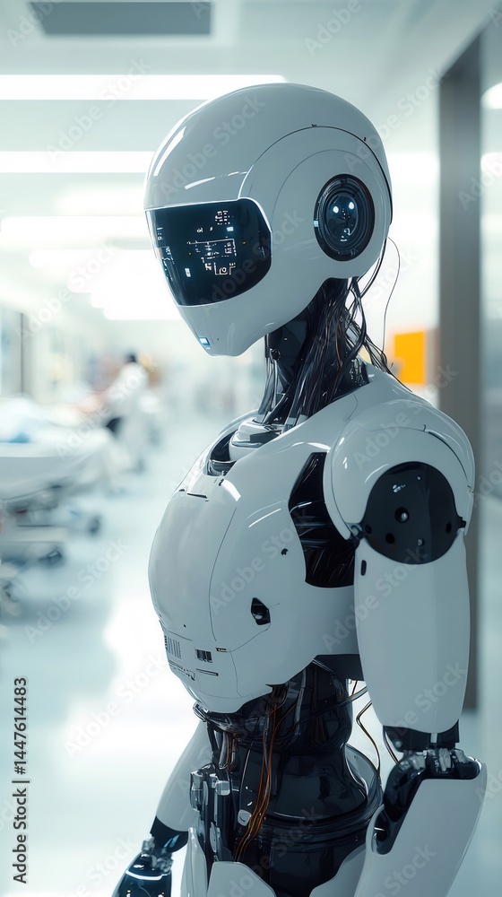 白い未来的なロボットのポートレート 病院の廊下を背景に 未来的な医療と技術コンセプト 白い未来的なロボットのポートレート 病院の廊下を背景に 未来的な医療と技術コンセプト