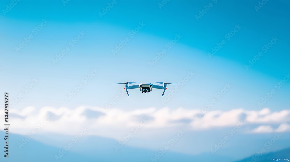 青い空と雲を背景に飛行する白と青のドローン 屋外の空中からの眺め 青い空と雲を背景に飛行する白と青のドローン 屋外の空中からの眺め