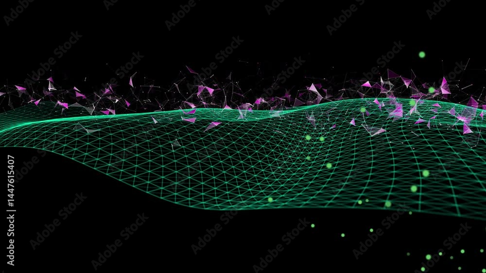 Futuristic background wavy grid quantum computing with poligons broken data . Big data. Digital technology concept research lost bytes in ciberspace.