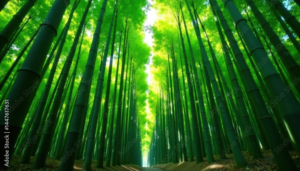 Fototapeta premium Dense bamboo forest, tall trees with vibrant green leaves , scenic, dark
