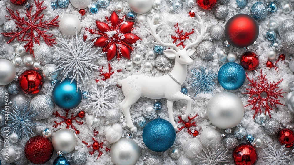 White reindeer figurine amidst red, silver, blue Christmas ornaments and snowflakes on snowy background. White reindeer figurine amidst red, silver, blue Christmas ornaments and snowflakes on snowy background.