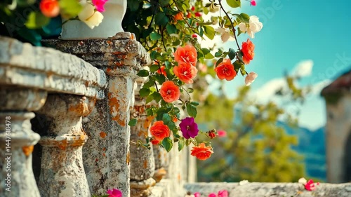 Artistic concept fragment of the Hanging Gardens of Babylon, second wonder of the ancient world, blooming flowers on aged stone captured. 4K video