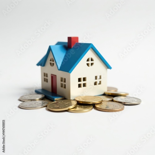Miniature house on white background with coins and stack of money , financial, loan, coins