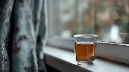 A half-filled glass sits on a windowsill casting soft light reflections, depicting simplicity, coziness, and a moment of quiet contemplation.