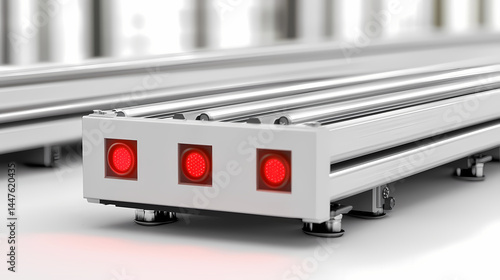 Wallpaper Mural Industrial conveyor system with three red signal lights, shown in a modern, bright factory environment. Torontodigital.ca