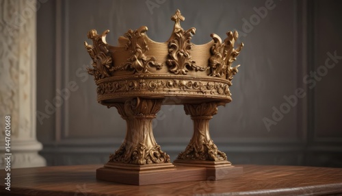 Ornate golden crown atop antique pedestal, rich wood grain visible ,  symbol,  metal,  detail