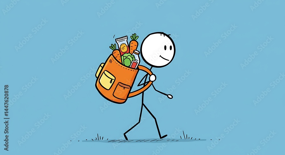 Fototapeta premium Stick Figure Carrying Groceries in Backpack
