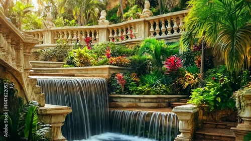 Lush fantasy installation inspired by Hanging Gardens of Semiramis with marble terraces, tropical plants and cascading waterfalls. 4K video