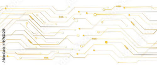 A golden background with golden circuit board lines,  golden dots and yellow chips 