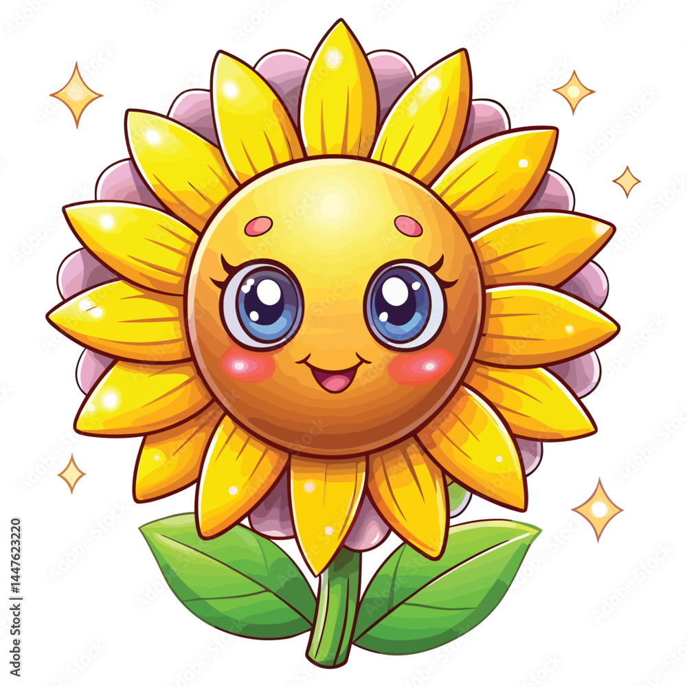 Cheerful Sunflower Cartoon Character with Big Eyes and Sparkling Stars Around It Cheerful Sunflower Cartoon Character with Big Eyes and Sparkling Stars Around It