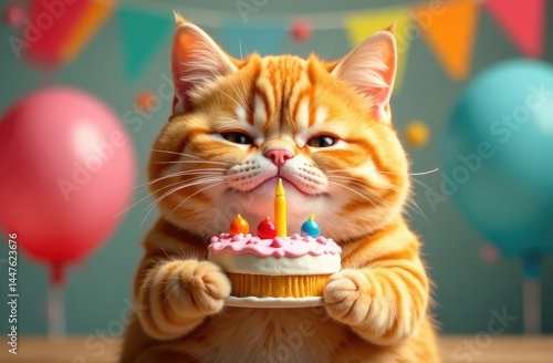 Celebrating a birthday with a cute cat holding a colorful cake and balloons in a festive setting