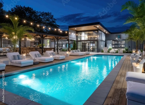 the pool deck at night, with string lights and lounge chairs overlooking an open area in front of shipping containers and barns