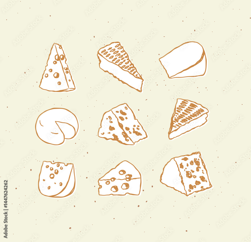 Cheese types set icon collection cheddar, blue cheese, parmesan, camembert, gouda, emmental, brie, edam drawing on beige color background