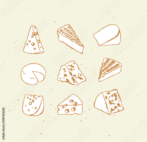 Obraz na płótnie Cheese types set icon collection cheddar, blue cheese, parmesan, camembert, gouda, emmental, brie, edam drawing on beige color background w salonie