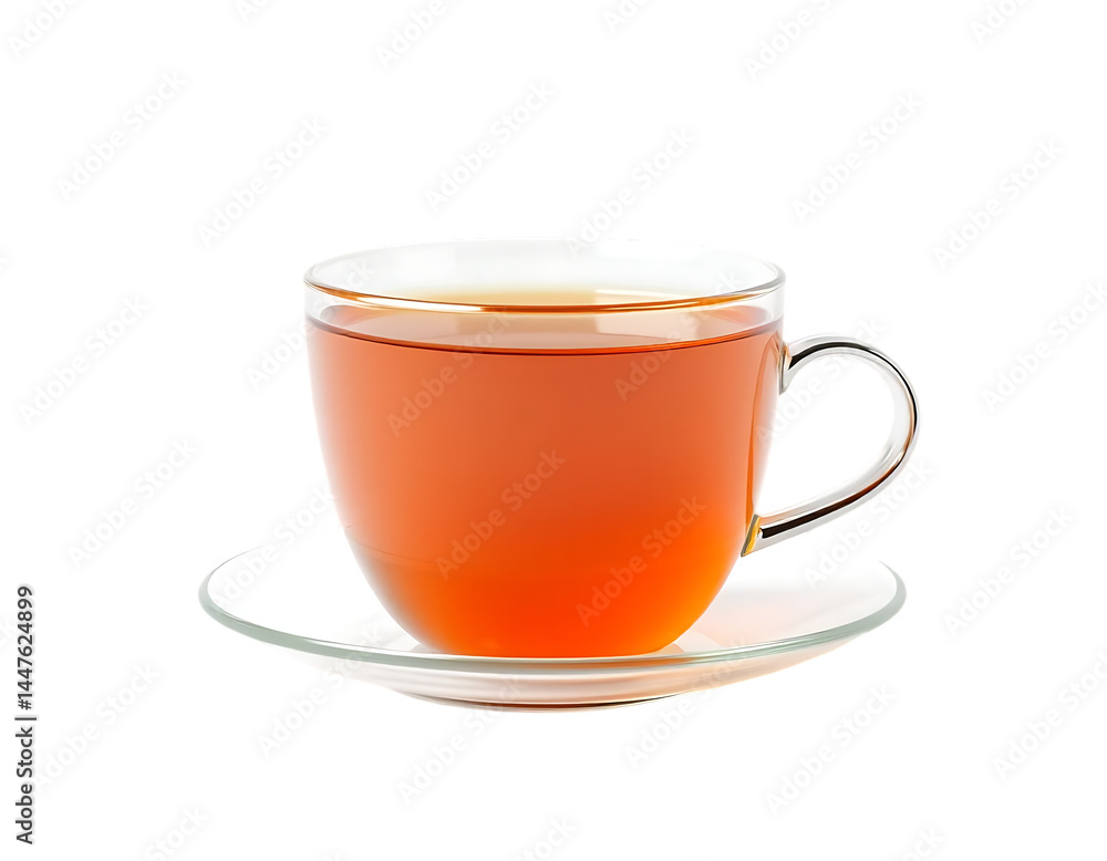 A transparent teacup with tea on a saucer A transparent teacup with tea on a saucer