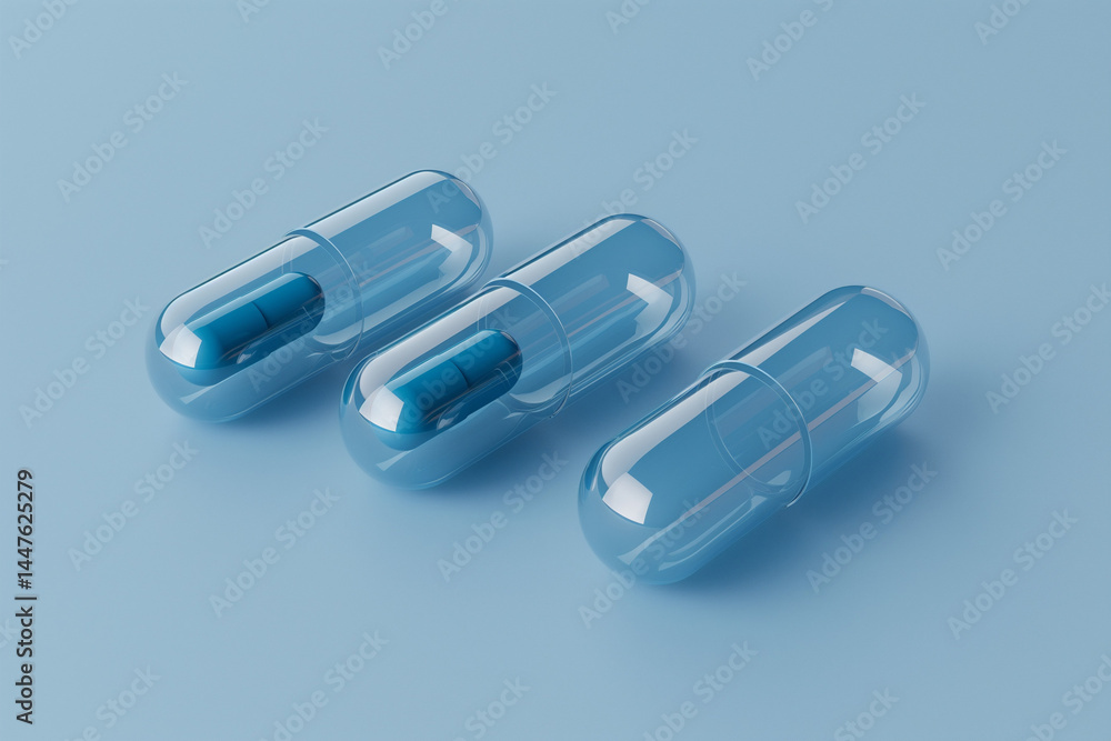 Blue Capsules on Blue Background. Minimalist Cure Concept Illustration. Generative AI Blue Capsules on Blue Background. Minimalist Cure Concept Illustration. Generative AI