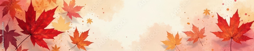 Fototapeta premium Crimson, russet, and gold maple leaves scattered on a watercolour wash background, ample copy space , backdrop, autumn, park