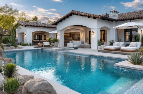 the exterior of an elegant mansion in Scottsdale, Arizona with a large pool and gazebo. The home is in the traditional Spanish style with white stucco walls