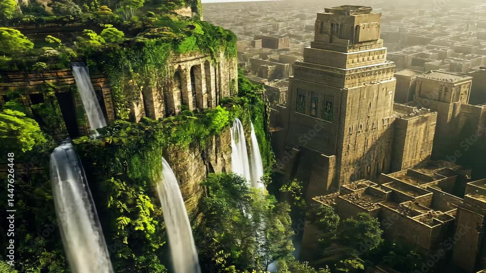 Artistic concept of the Hanging Gardens of Babylon, second wonder of the ancient world, with lush greenery, cascading waterfalls and majestic stone towers. 4K video