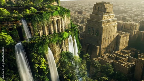 Artistic concept of the Hanging Gardens of Babylon, second wonder of the ancient world, with lush greenery, cascading waterfalls and majestic stone towers. 4K video