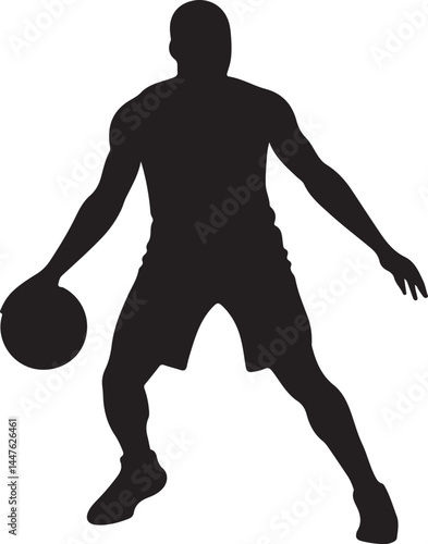 basketball player silhouette dribbling ball with strong athletic stance on white background